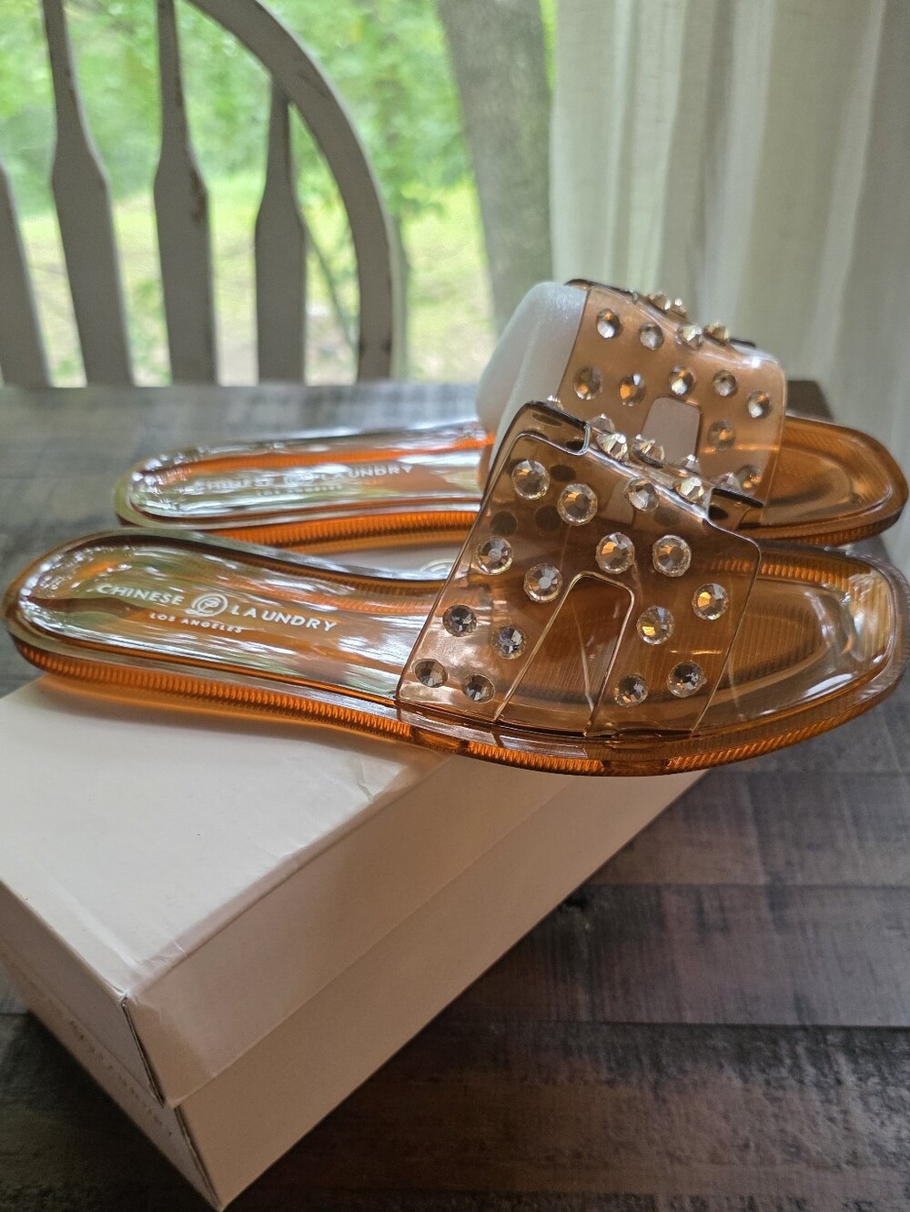 Chinese Laundry Women's Clear Orange Jeweled Slide Sandals